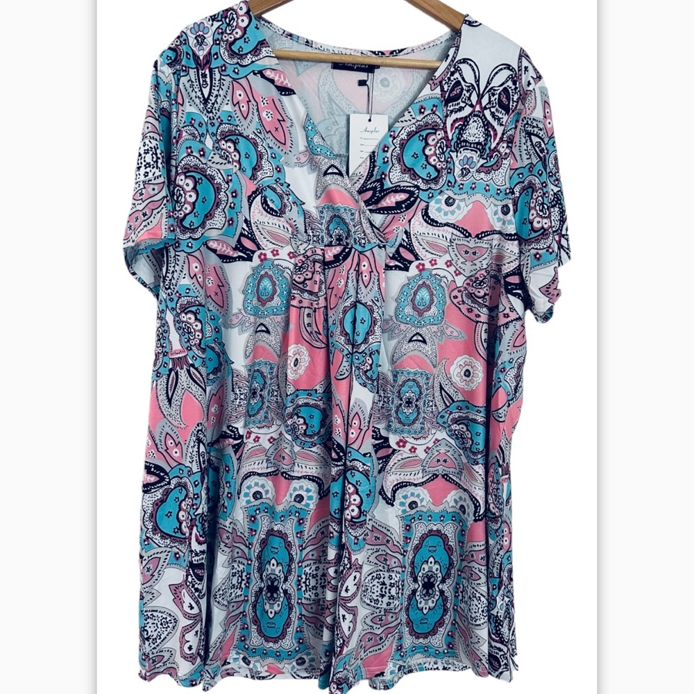 Amzplus Blouse Womens 5XL Floral Tunic V Neck Short Sleeve